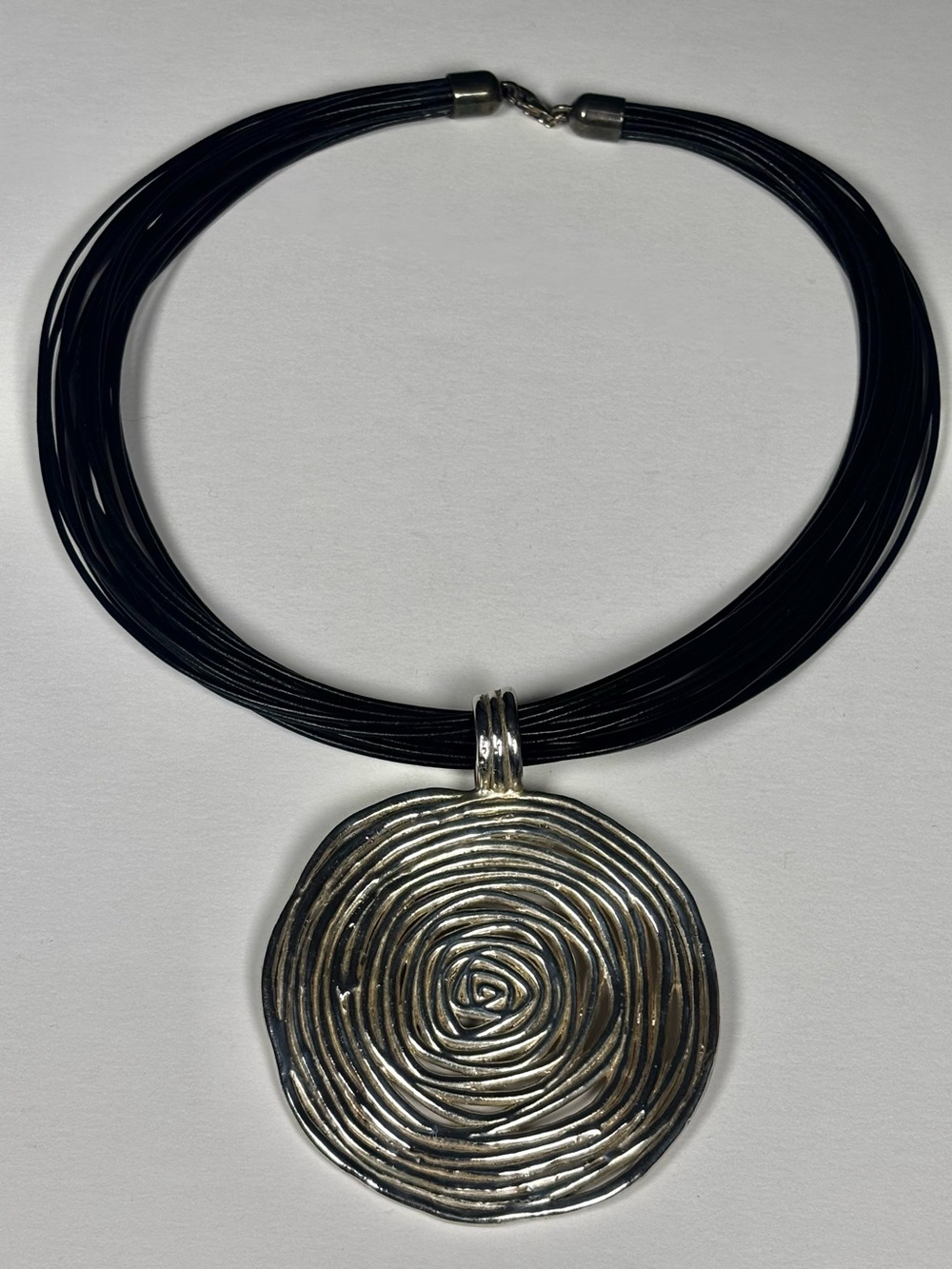 Silver Spiral‎ Pendant Necklace with Black Multi-Strand Cord